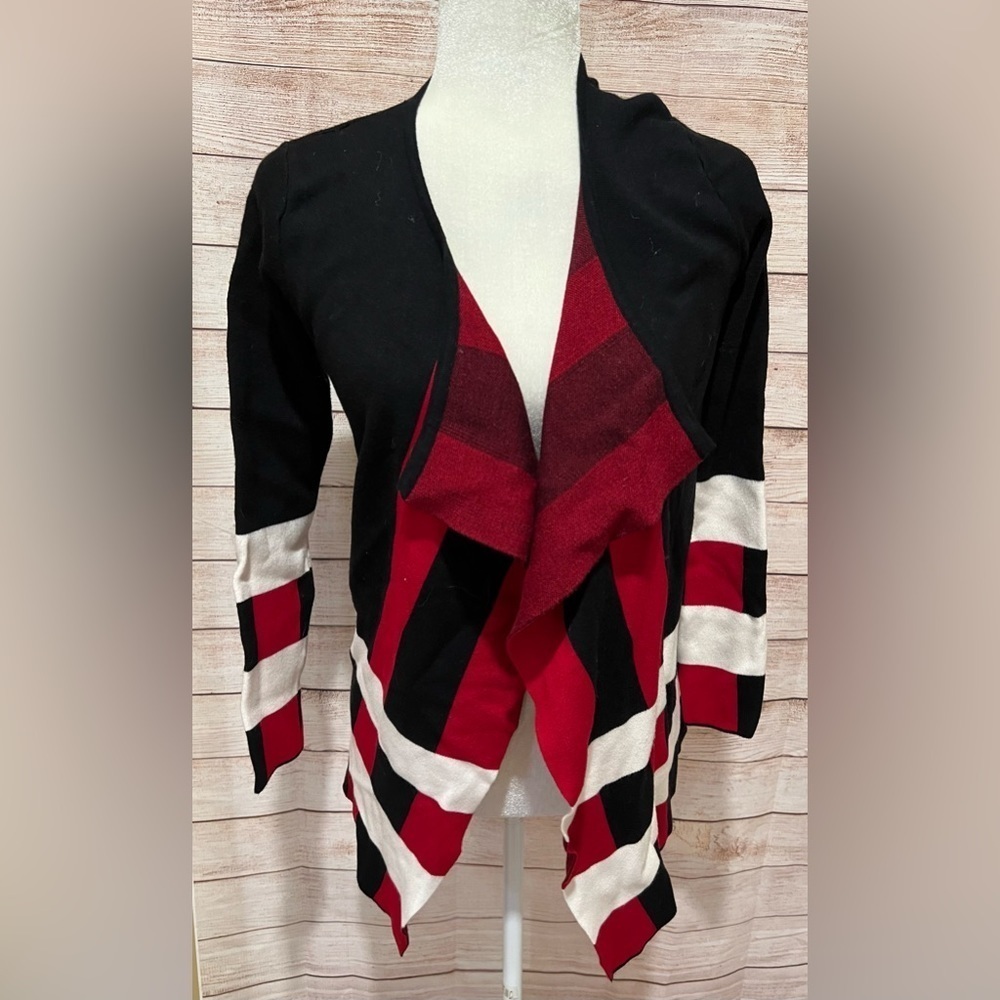 Sioni open black red and white open cardigan size small